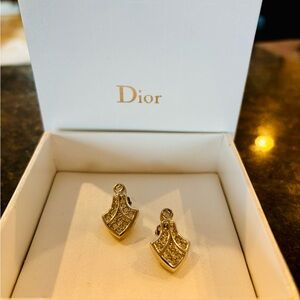 DIOR Vintage 80’s Art Deco Crystal Pavé Clip On Earrings Silver w/ Box